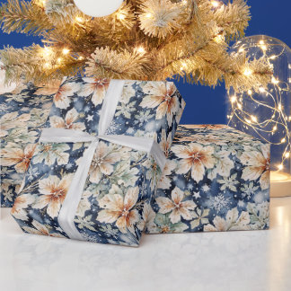 Papel De Presente Elegante Poinsettia e Neve em Aquarela de Inverno