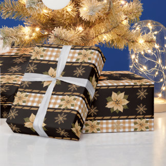 Papel De Presente Elegante Poinsettia Xmas Plaid Preto TMF26 Dourado