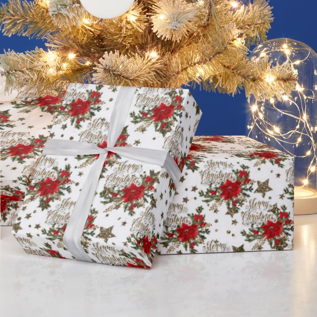 Papel De Presente Elegante Poinsettias de Natal Feliz (Feriados)