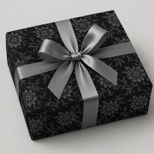 Papel De Presente Elegante Preto Com Damasco Prateado