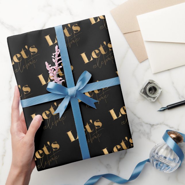 Papel De Presente Elegante Preto-Dourado Vamos Celebra Aniversário (Presentear)