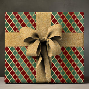 Papel De Presente Elegante Quatrefoil Geométrico Vermelho Verde Dour