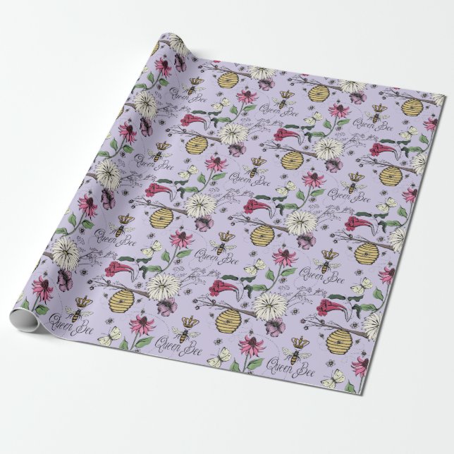 Papel De Presente Elegante Rainha Abelha e Flores Lavanda do Dia das (Desenrolado)