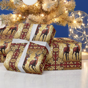 Papel De Presente Elegante Red Deer Moose Dourada Feliz Padrão Xmas