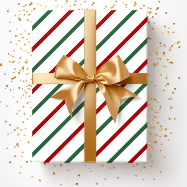 Papel De Presente Elegante Red Green Strips Natal (Elegant Red Green Stripes Christmas Wrapping Paper)