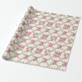 Papel De Presente Elegante Renascimento Rococó Rosa Floral e Treliça