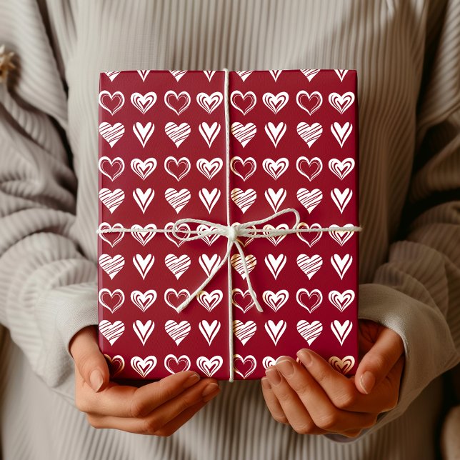 Papel De Presente Elegante Renda Burgundy Corações Brancos (Criador carregado)
