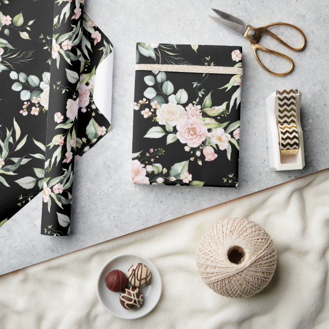 Papel De Presente Elegante Rosa Bege Eucalipto Preto (Artesanato)