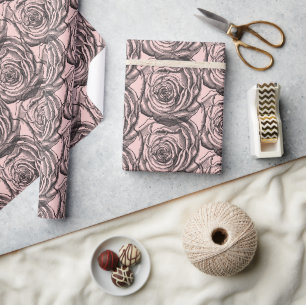 Papel De Presente Elegante Rosa botânico preto sobre rosa pálido