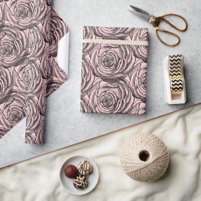 Papel De Presente Elegante Rosa botânico preto sobre rosa pálido (Artesanato)