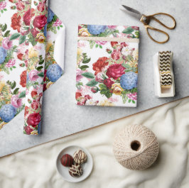Papel De Presente Elegante Rosa e Hortênsias Arte Floral ou Presente