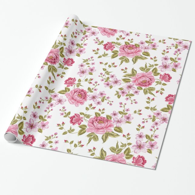 Papel De Presente Elegante rosa floral (Desenrolado)