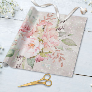 Papel De Presente Elegante Rosa Peônia Floral Mármore Brilho