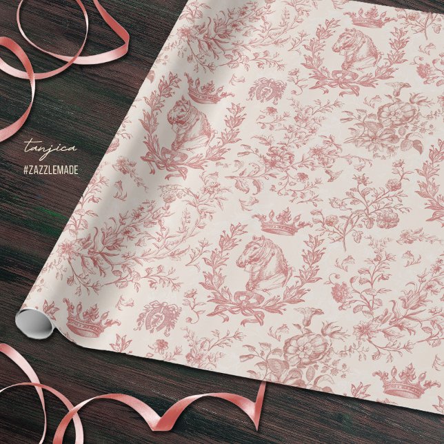 Papel De Presente Elegante, Rosa-Rosa, Beige Equestre, Toile Floral  (Criador carregado)