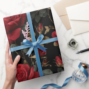 Papel De Presente Elegante Rosa Vermelha Escura Padrão Floral Preto