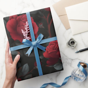 Papel De Presente Elegante Rosa Vermelha Escura Padrão Floral Preto
