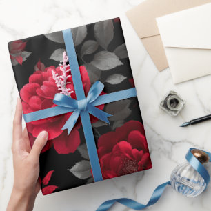 Papel De Presente Elegante Rosa Vermelha Escura Padrão Floral Preto