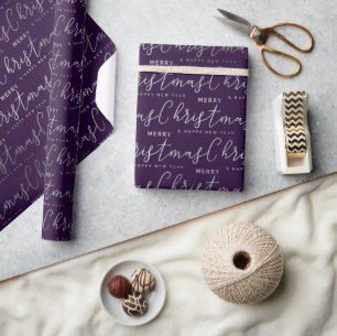 Papel De Presente Elegante Roxo e Silver Texto Feliz de Natal
