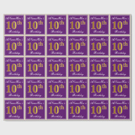 Papel De Presente Elegante, Roxo, Faux Dourado 10º Aniversário + Nom