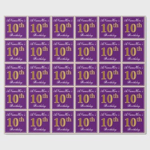 Papel De Presente Elegante, Roxo, Faux Dourado 10º Aniversário + Nom