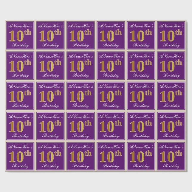 Papel De Presente Elegante, Roxo, Faux Dourado 10º Aniversário + Nom (Aberto)