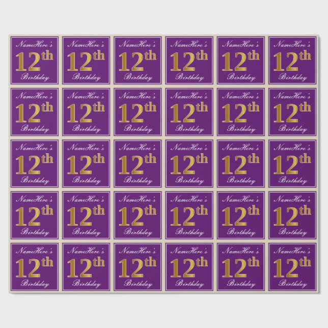Papel De Presente Elegante, Roxo, Faux Dourado 12 Aniversário + Nome (Aberto)