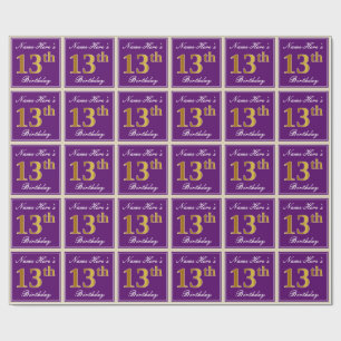 Papel De Presente Elegante, Roxo, Faux Dourado 13 Aniversário + Nome