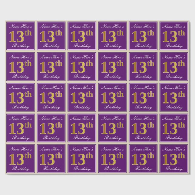 Papel De Presente Elegante, Roxo, Faux Dourado 13 Aniversário + Nome (Aberto)