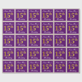 Papel De Presente Elegante, Roxo, Faux Dourado 15 Aniversário + Nome