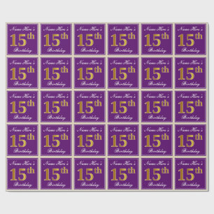 Papel De Presente Elegante, Roxo, Faux Dourado 15 Aniversário + Nome