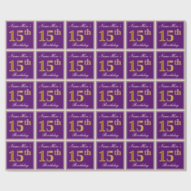 Papel De Presente Elegante, Roxo, Faux Dourado 15 Aniversário + Nome (Aberto)