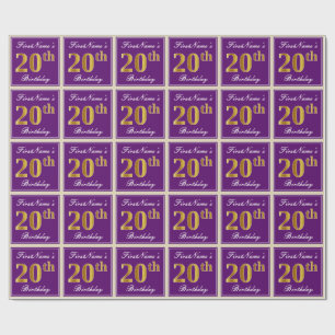 Papel De Presente Elegante, Roxo, Faux Dourado 20 Aniversário + Nome