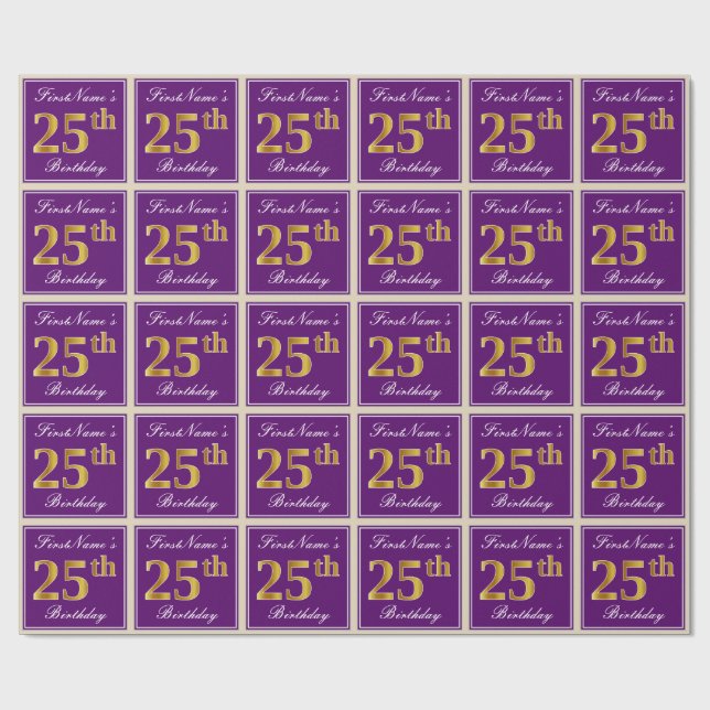 Papel De Presente Elegante, Roxo, Faux Dourado 25 Aniversário + Nome (Aberto)