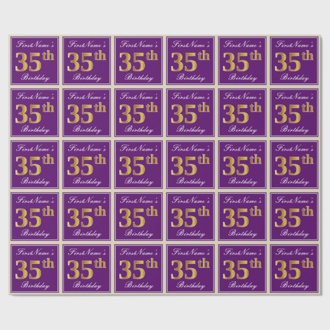 Papel De Presente Elegante, Roxo, Faux Dourado 35º Aniversário + Nom (Aberto)