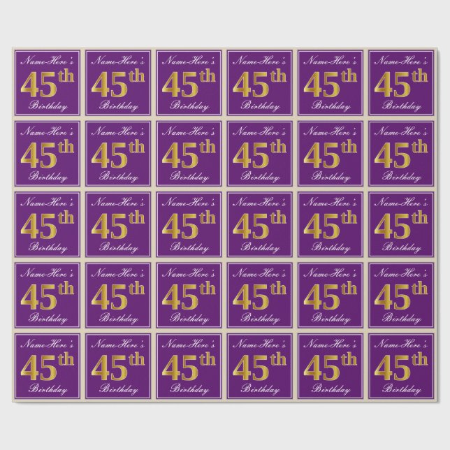 Papel De Presente Elegante, Roxo, Faux Dourado 45º Aniversário + Nom (Aberto)