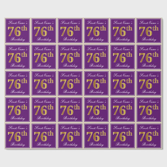 Papel De Presente Elegante, Roxo, Faux Dourado 76º Aniversário + Nom (Aberto)