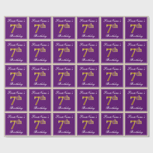 Papel De Presente Elegante, Roxo, Faux Dourado 7 Aniversário + Nome