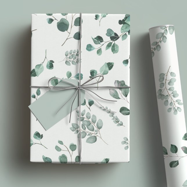 Papel De Presente Elegante Sage e Verde Floresta Eucalipto Aquarela (Criador carregado)