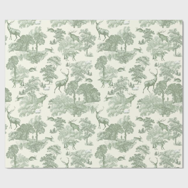 Papel De Presente Elegante Sage Green Deer Woodland Toile (Aberto)
