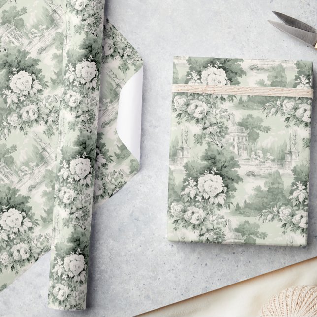 Papel De Presente Elegante Sage Green French Rosas Toile Floral (Criador carregado)
