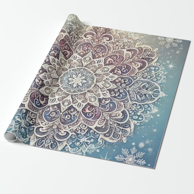 Papel De Presente Elegante Snowflake Mandala em matizes congelados (Desenrolado)