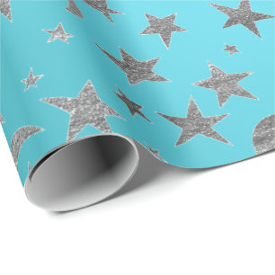Papel De Presente Elegante Stars Moon Turquoise Aquamarine