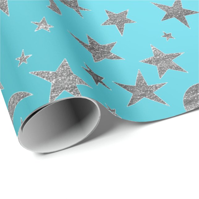Papel De Presente Elegante Stars Moon Turquoise Aquamarine (Ponta do rolo)