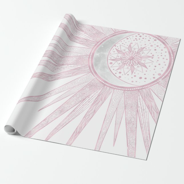 Papel De Presente Elegante Sun Moon Doodle Mandala White Design (Desenrolado)