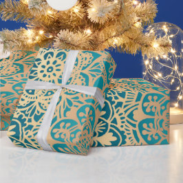 Papel De Presente Elegante Teal Green Dourado Padrão de Mandala