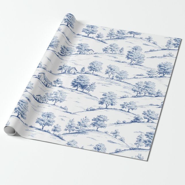 Papel De Presente Elegante Toile Azul Cenas Pastoris Francesas Vinta (Desenrolado)