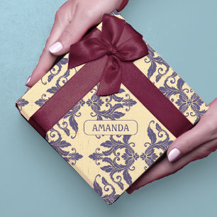 Papel De Presente Elegante Toile de Damasco Azul Marinho Amarelo Vin