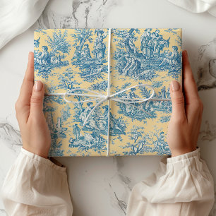 Papel De Presente Elegante toile de jouy vintage azul amarelo