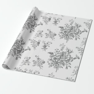 Papel De Presente Elegante Toile Floral Cinza Vintage