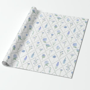 Papel De Presente Elegante Treliça Floral Azul e Verde